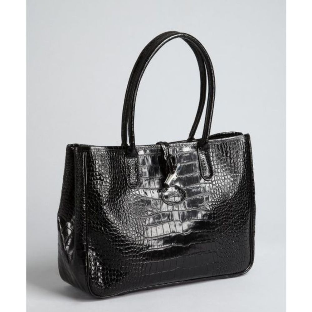Longchamp Black Croc Embossed Patent Leather Bag